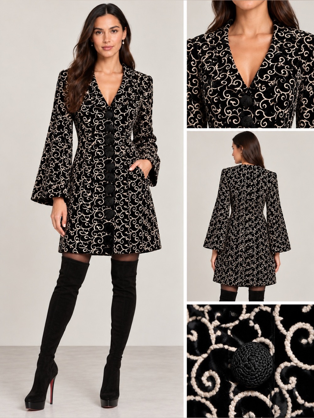 Nanette Lepore Black Velvet Coat with White Embroidered Scrolls